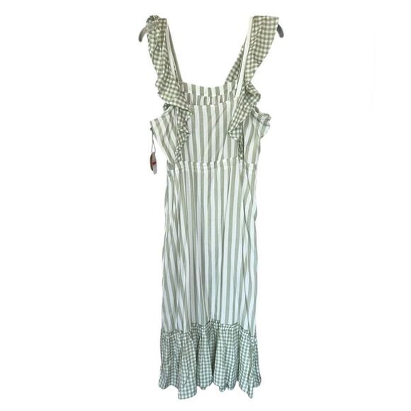 Dip Eco-friendly Green White Striped Gingham Ruffle Milkmaid Sundress M - Picture 1 of 7